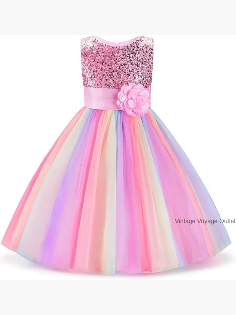 Sequin Sleeveless Mesh Tulle Rainbow Flower Girl Party Dress